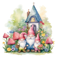 Watercolor drawing of isolated garden gnome clipart with spring flowers