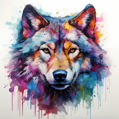 a painting of wolf vivid color splash watercolor - obrazy, fototapety, plakaty