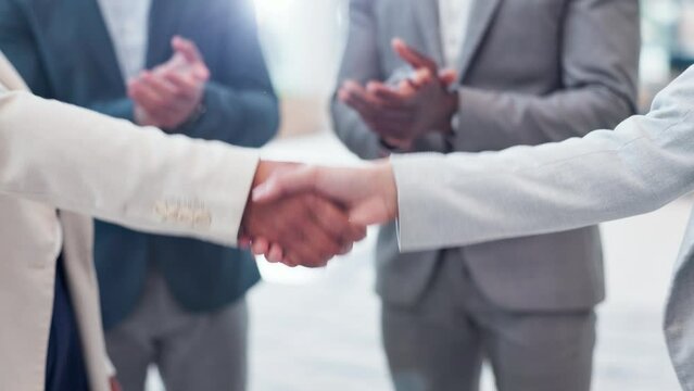 Shaking hands, partnership and applause with agreement, business people and networking with collaboration. Handshake, deal and support with recruitment, b2b and teamwork with hiring at company