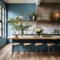 Discover the captivating allure of a minimalist kitchen in these photographs, where the soothing combination of blue and white meets the subtle elegance of white brick walls.