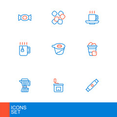 Set line Sugar stick packets, Manual coffee grinder, Coffee maker moca pot, Iced, Cup tea with bag, Pour over, cup and cubes icon. Vector