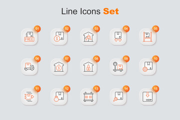 Set line Carton cardboard box, Search package, Container, Gear with, Scale and Closed warehouse icon. Vector