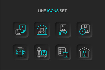 Set line Closed warehouse, Verification of delivery list, Scale with cardboard box, Carton, Delivery hand, Full and Waybill icon. Vector