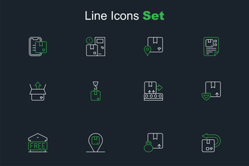 Set line Return cardboard box, Carton, Location with, Free storage, Delivery security shield, Conveyor belt, Crane and Unboxing icon. Vector