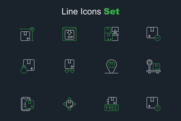 Set line Carton cardboard box, Cardboard with free symbol, Document tracking marker, Scale, Location, traffic and icon. Vector