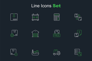 Set line Verification of delivery list, Delivery cargo truck, Cargo ship with boxes, Carton cardboard, Waybill, Cardboard free symbol, Warehouse and Gear package icon. Vector