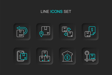 Set line Scale with cardboard box, Warehouse price, Carton, Document tracking marker, Waybill, Cardboard traffic symbol, Location and Return icon. Vector