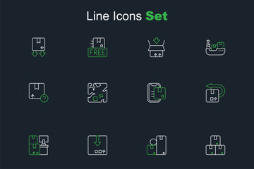 Set line Carton cardboard box, Warehouse with boxes, Return, Document tracking marker, Broken and icon. Vector