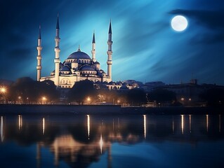 Obraz premium Beautiful blue mosque under a full moon generative ai