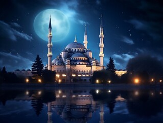Naklejka premium Beautiful blue mosque under a full moon generative ai