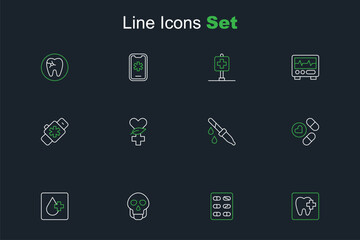 Set line Dental clinic location, Pills blister pack, Skull, Blood test, Medicine pill or tablet, Pipette, Ethnoscience and Smart watch with heart icon. Vector