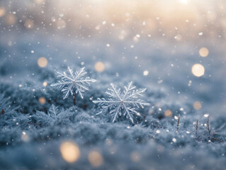 snowflake ice crystals snow falling on frozen ground and plants on a cold winter night © sirylok