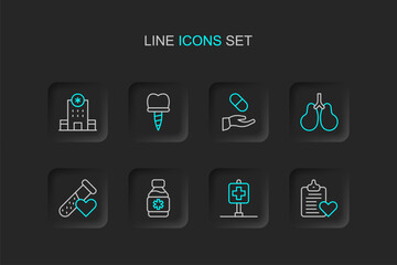 Set line Patient record, Location hospital, Bottle of medicine syrup, Test tube with blood, Lungs, Medical prescription, Dental implant and Hospital building icon. Vector