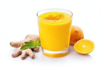 Turmeric juice with orange and leaf isolated on white background