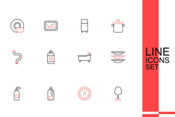 Set line Wine glass, Clock, Bottle for detergent, Antibacterial soap, Washing dishes, Bathtub, and Industry metallic pipe icon. Vector