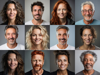 Collage of ethnically different happy people modern portraits, Success, smiling and happiness multicultural faces looking at camera, Human resource society database concept, globalization