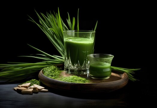 Two glasses wheatgrass juice, small glass and large glass with fresh wheat grass, on black background