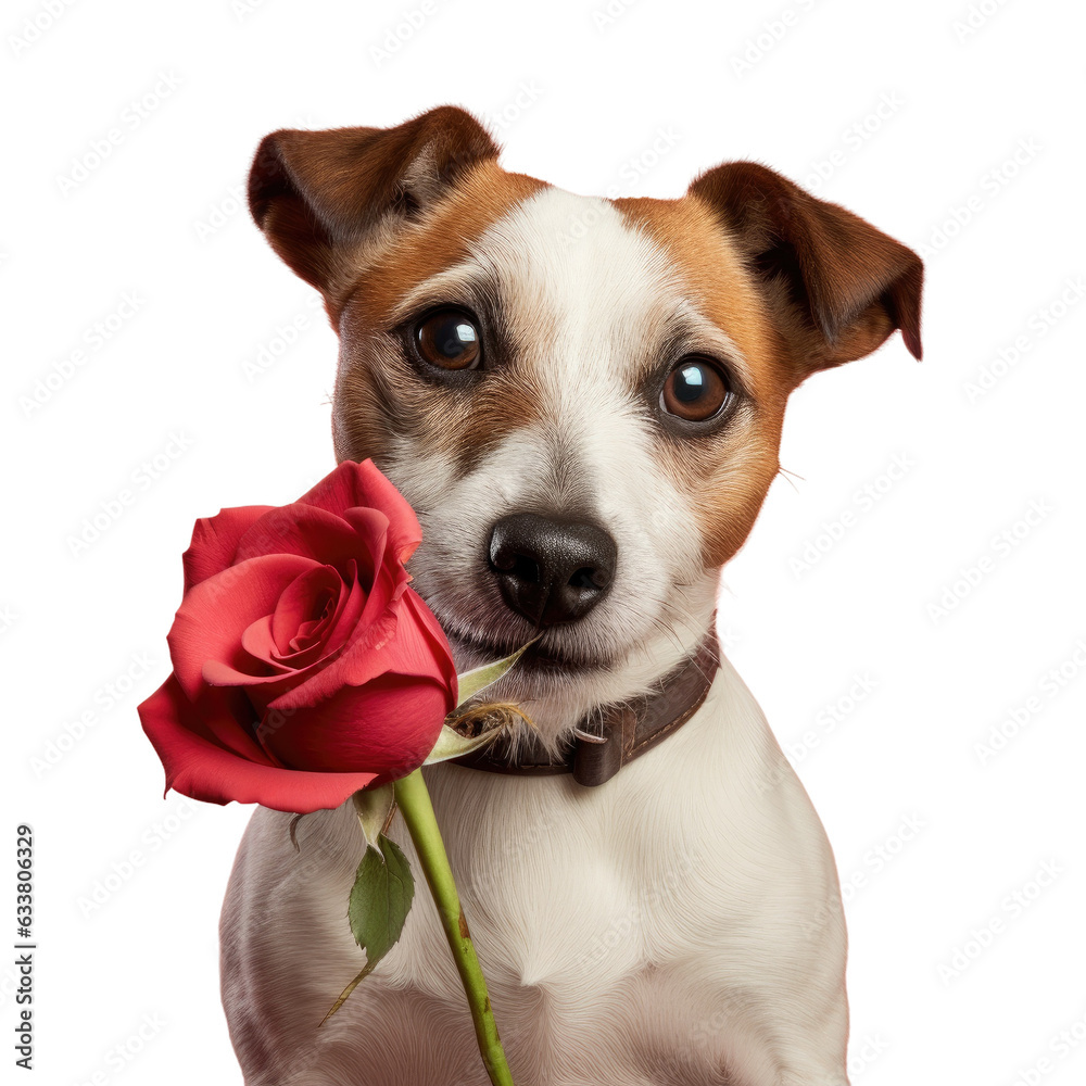 Sticker A Jack Russell Terrier is seen alone on a transparent background holding a red rose for Valentine s Day