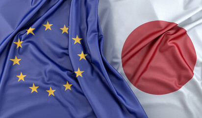 Ruffled Flags of European Union and Japan. 3D Rendering - obrazy, fototapety, plakaty
