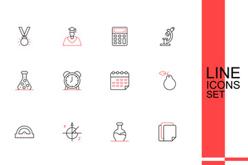 Set line File document, Test tube, Trigonometric circle, Protractor grid, Pear, School timetable, Alarm clock and icon. Vector