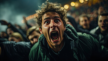 Fototapeta premium facial expression while cheering on important football matches in a large and famous football stadium.generative ai