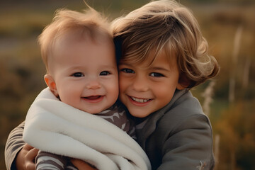 Happy brother with cute smiling baby sister are having fun and hugging together while walking outdoor in autumn day. Nature in the summer.