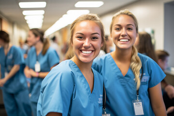 Nursing students in a busy hospital corridor