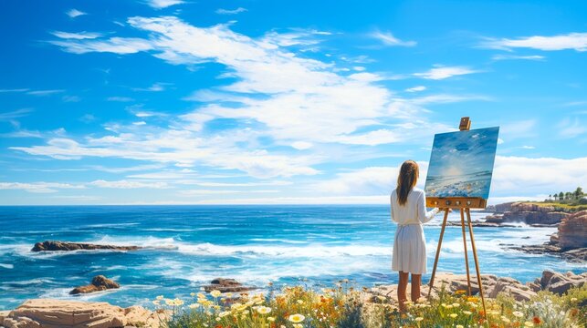 Female Woman Painter Painting at Seaside.