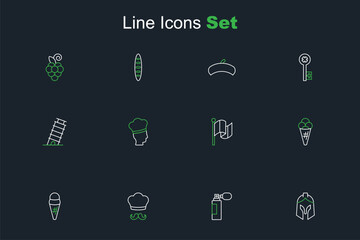 Set line Roman army helmet, Perfume, Italian cook, Ice cream in waffle, Flag Italy, and Leaning tower Pisa icon. Vector