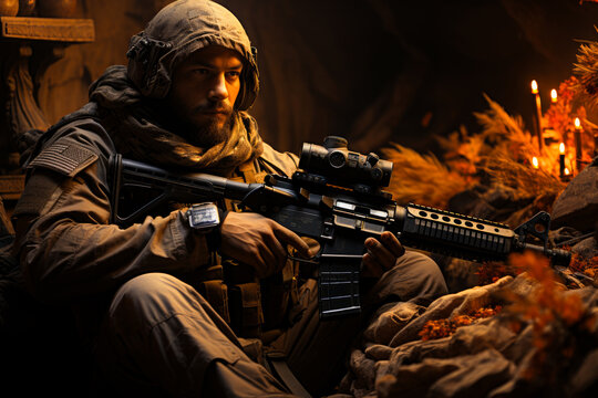 Handsome Mid-aged Man Wearing Military Uniform Sits Holding A Gun. US Army Soldier On A Mission.