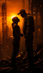 Man and woman stand facing each other at sunset. Couple standing somewhere high, construction cranes and supports at backdrop.