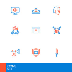 Set line Medieval sword, Shield with crown, Trumpet flag, Skull, Princess queen, Antique treasure chest, helmet and King icon. Vector