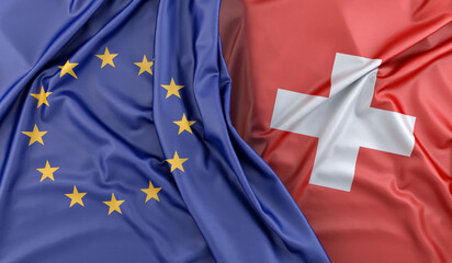 Ruffled Flags of European Union and Switzerland. 3D Rendering - obrazy, fototapety, plakaty