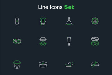 Set line Kayak and paddle, Inflatable boat with motor, Captain hat, Sailor, Nautical rope knots, Spyglass telescope lens, and icon. Vector