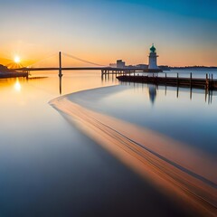 Fototapeta premium Tranquil Sunrise over Harbor with Lighthouse and Bridge