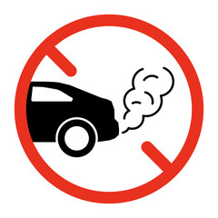 Forbidden exhaust, pollution cloud from car icon. No Exhaust gases, fumes. No idling turn engine. Stop smog from automobile. Vector - obrazy, fototapety, plakaty