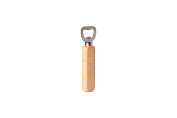 Realistic steel bottle opener with wooden handle isolated on white background.