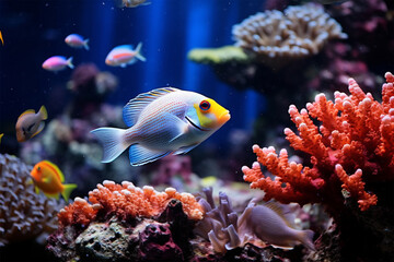 Naklejka na ściany i meble Small fish swimming among the corals