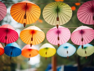 Obraz premium Colorful banner with a bunch of paper umbrellas generative ai