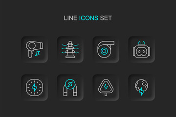 Set line Global planet with thunderbolt, High voltage, Magnet, Lightning, Tee plug electric, Roll adhesive tape, Electric tower line and Hair dryer icon. Vector