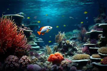 Fototapeta na wymiar Small fish swimming among the corals
