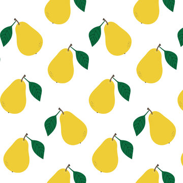 Seamless bright pattern with fresh pears for fabric, drawing labels, kitchen fabrics. Vector illustration.