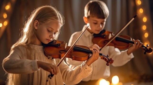 Little kids learning to play violin in music class