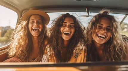 Group of happy girlfriends sitting in the backseat of a car