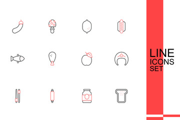 Set line Bread toast, Jam jar, Rolling pin, Food chopsticks, Fish steak, Plum fruit, Chicken leg and icon. Vector