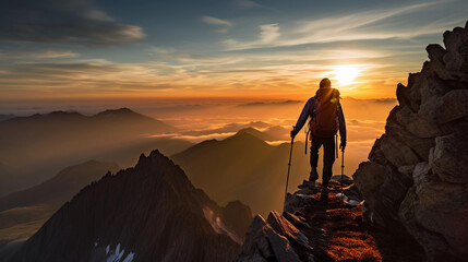 Mountain climber reaching the summit against the backdrop of a breathtaking sunrise, sweeping view of the mountain range in the background
