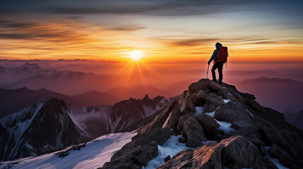 Mountain climber reaching the summit against the backdrop of a breathtaking sunrise, sweeping view of the mountain range in the background