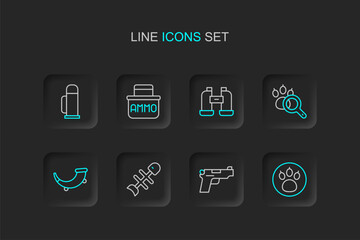 Set line Paw search, Pistol or gun, Dead fish, Hunting horn, Binoculars, Ammunition box and Thermos container icon. Vector