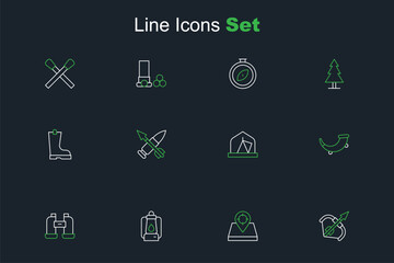 Set line Medieval bow and arrow, Hunt place, Camping lantern, Binoculars, Hunting horn, Tourist tent, Crossed bullet with and Waterproof rubber boot icon. Vector