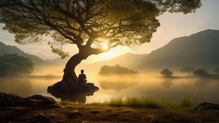Serene landscape at sunrise, a meditator sitting cross - legged under a sprawling bodhi tree,...